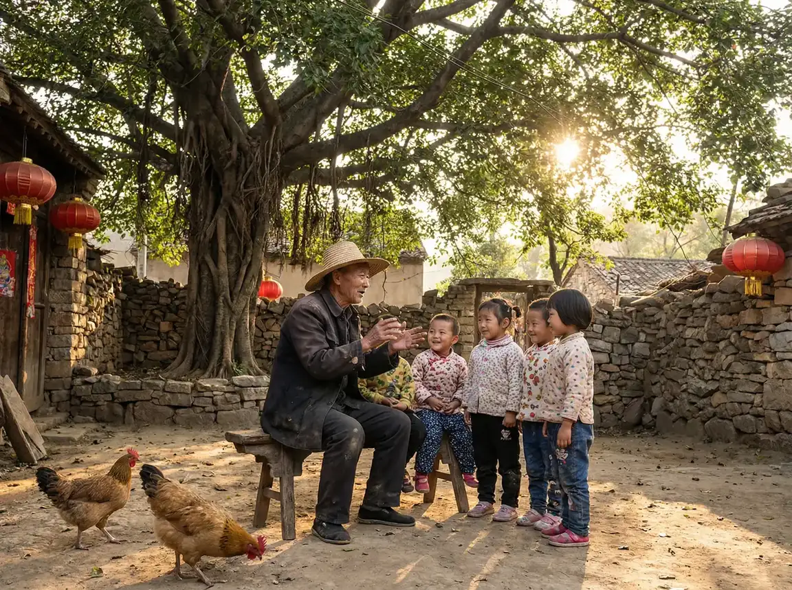 老人在大榕树下给孩子们讲故事 - 第一次交换又粗又大 乡村记忆